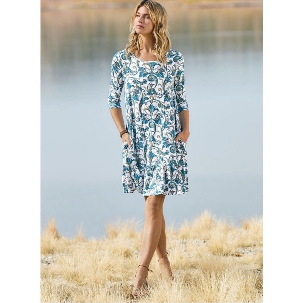 Peruvian Connection Acanthe Tiered Crewneck Floral Dress 3/4 Sleeve Large